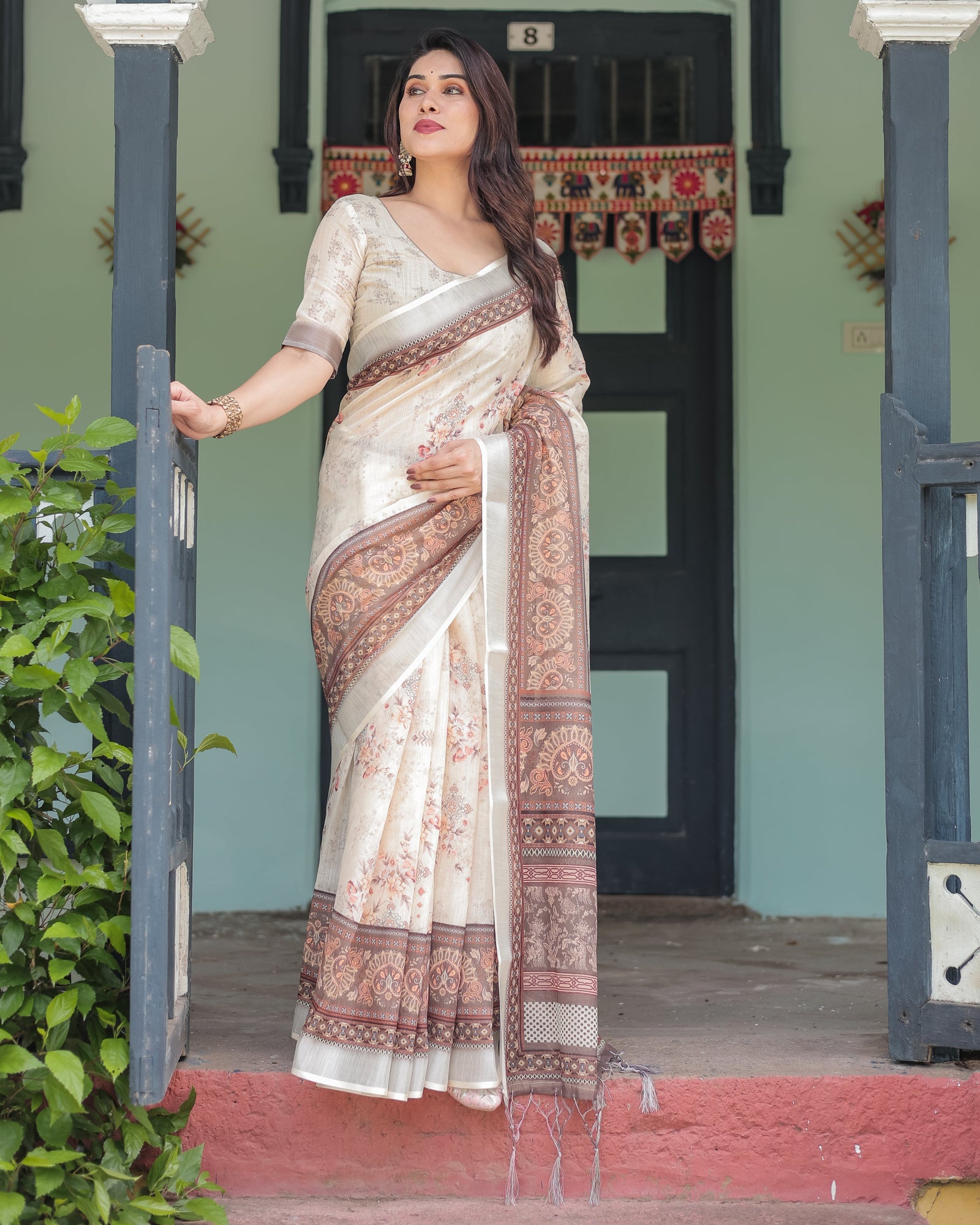 Cream and Brown Floral Print Pure Cotton Linen Saree with Blouse and Tassels on Edges LINEN