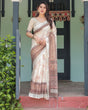 Load image into Gallery viewer, Cream and Brown Floral Print Pure Cotton Linen Saree with Blouse and Tassels on Edges LINEN
