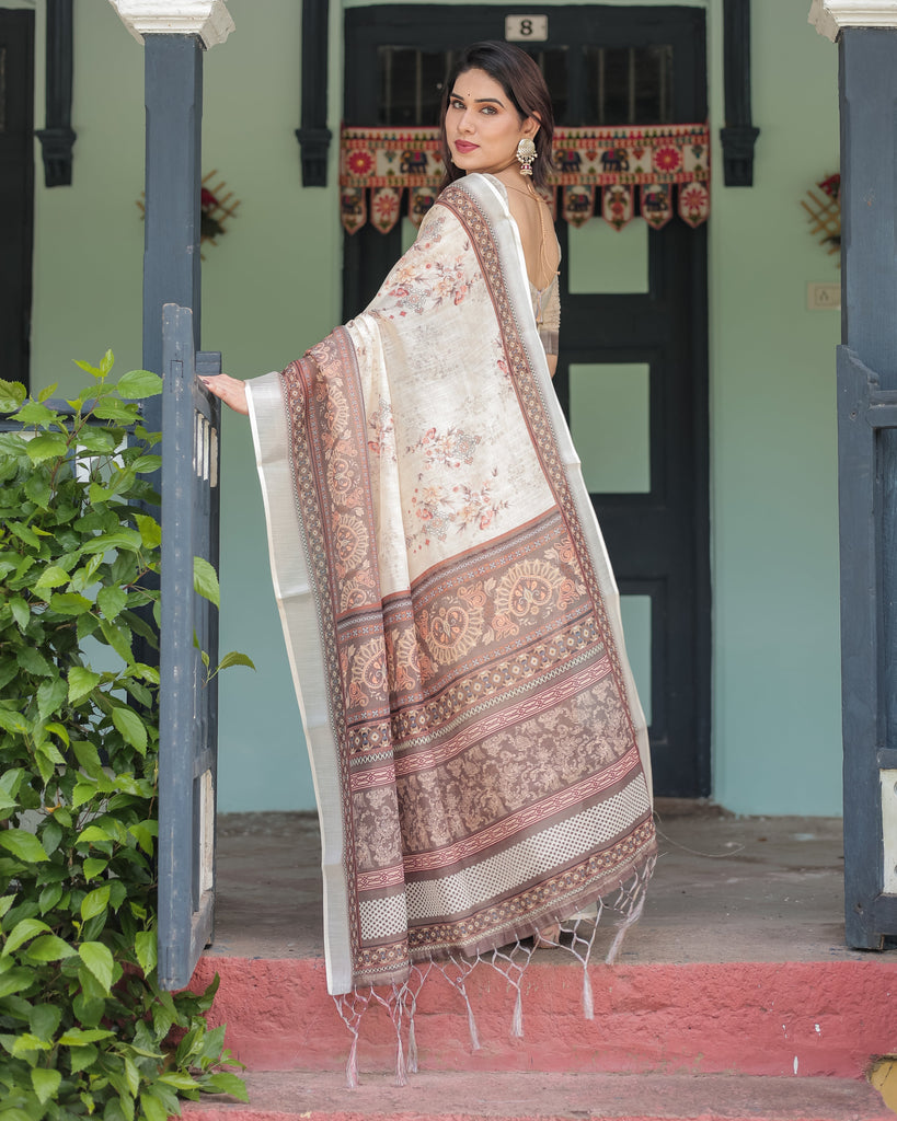 Cream and Brown Floral Print Pure Cotton Linen Saree with Blouse and Tassels on Edges LINEN