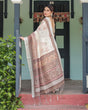 Load image into Gallery viewer, Cream and Brown Floral Print Pure Cotton Linen Saree with Blouse and Tassels on Edges LINEN