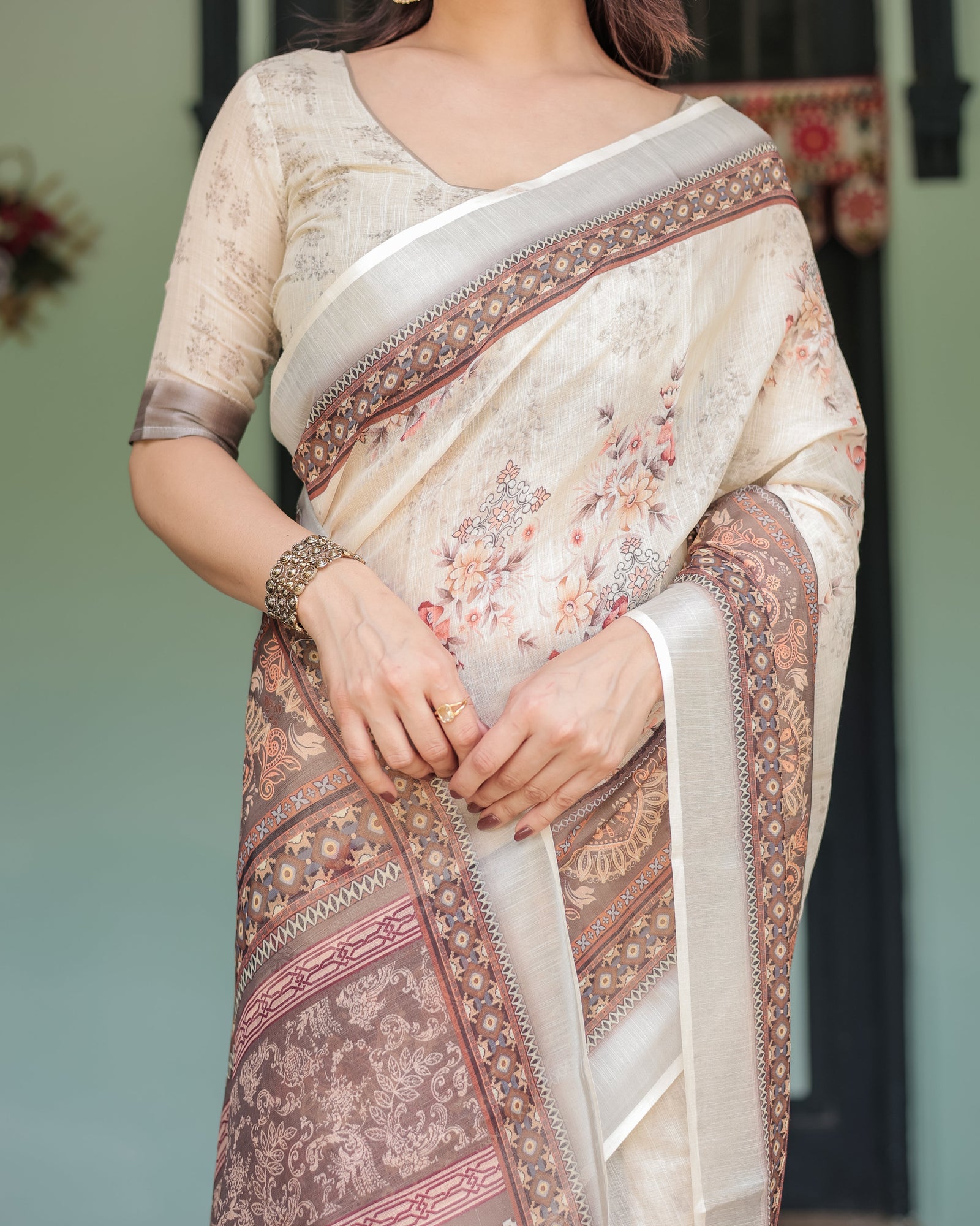 Cream and Brown Floral Print Pure Cotton Linen Saree with Blouse and Tassels on Edges LINEN