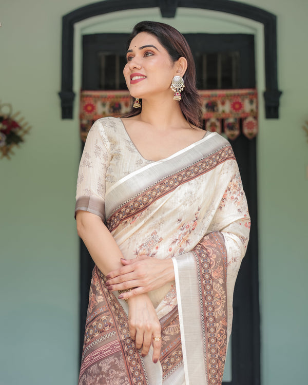 Cream and Brown Floral Print Pure Cotton Linen Saree with Blouse and Tassels on Edges LINEN