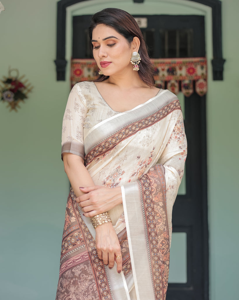Cream and Brown Floral Print Pure Cotton Linen Saree with Blouse and Tassels on Edges LINEN