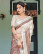 Load image into Gallery viewer, Cream and Brown Floral Print Pure Cotton Linen Saree with Blouse and Tassels on Edges LINEN