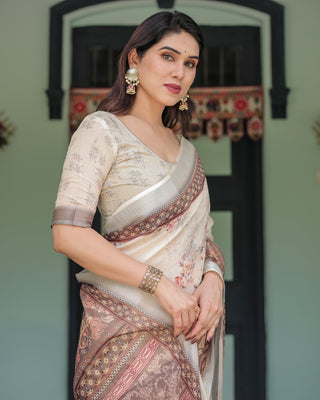 Cream and Brown Floral Print Pure Cotton Linen Saree with Blouse and Tassels on Edges LINEN