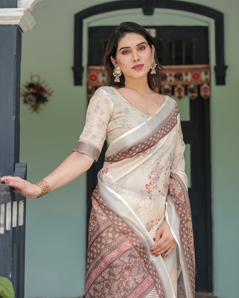 Cream and Brown Floral Print Pure Cotton Linen Saree with Blouse and Tassels on Edges LINEN