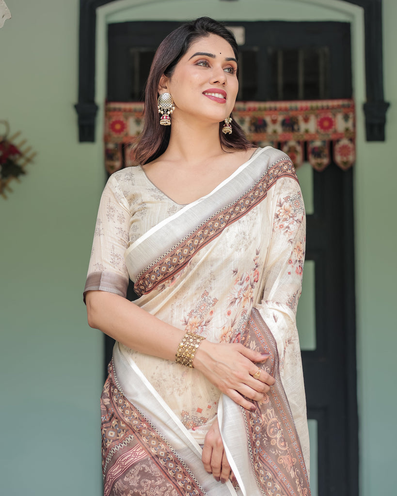 Cream and Brown Floral Print Pure Cotton Linen Saree with Blouse and Tassels on Edges LINEN