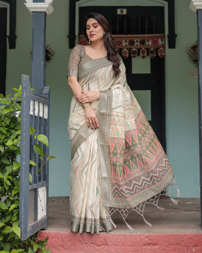 Cream and Olive Green Pure Cotton Linen Saree with Floral and Geometric Print and Tassels on Edges LINEN