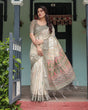 Load image into Gallery viewer, Cream and Olive Green Pure Cotton Linen Saree with Floral and Geometric Print and Tassels on Edges LINEN