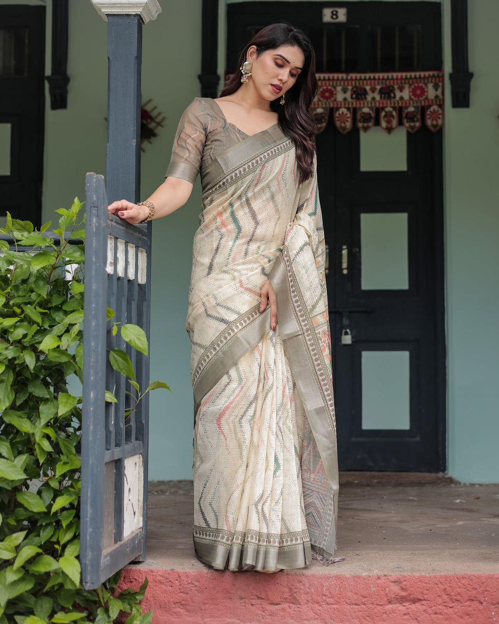 Cream and Olive Green Pure Cotton Linen Saree with Floral and Geometric Print and Tassels on Edges LINEN