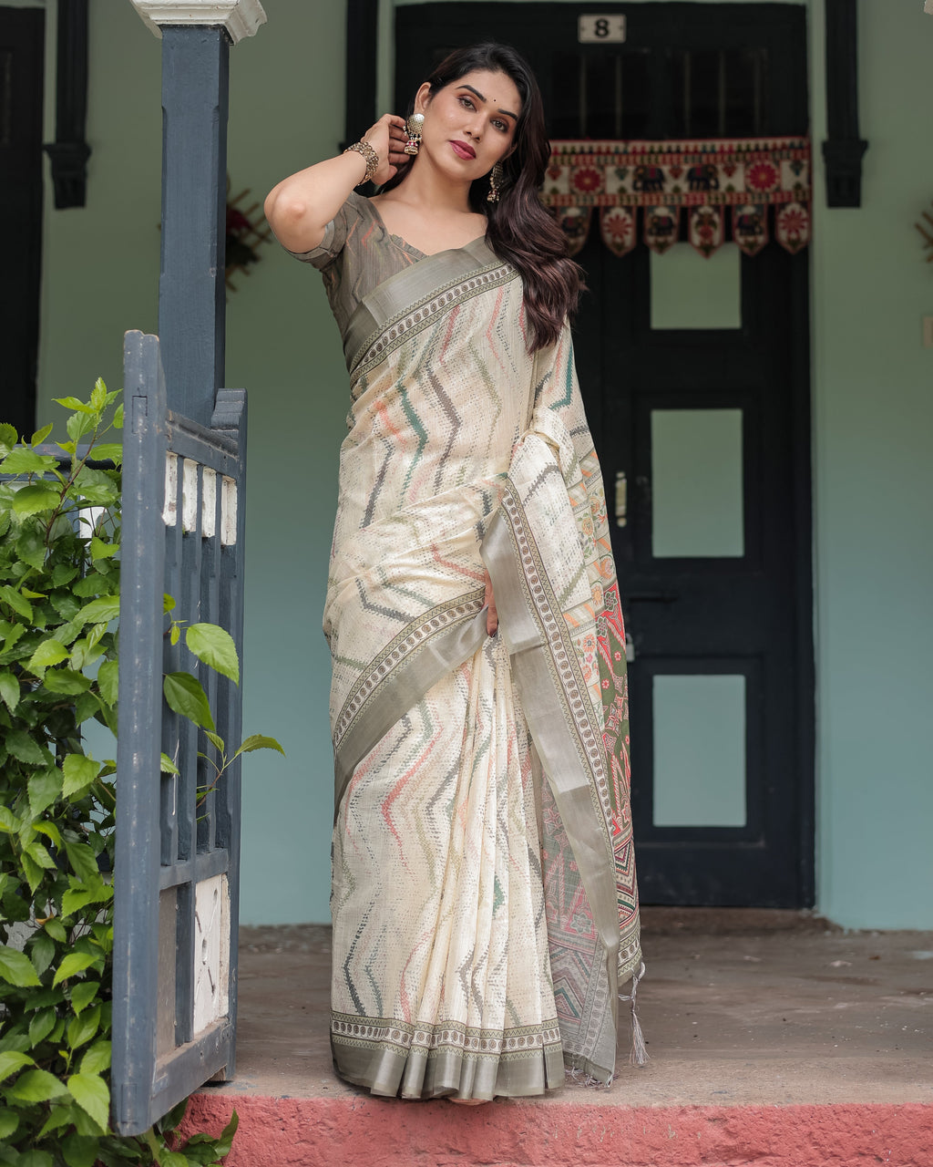 Cream and Olive Green Pure Cotton Linen Saree with Floral and Geometric Print and Tassels on Edges LINEN