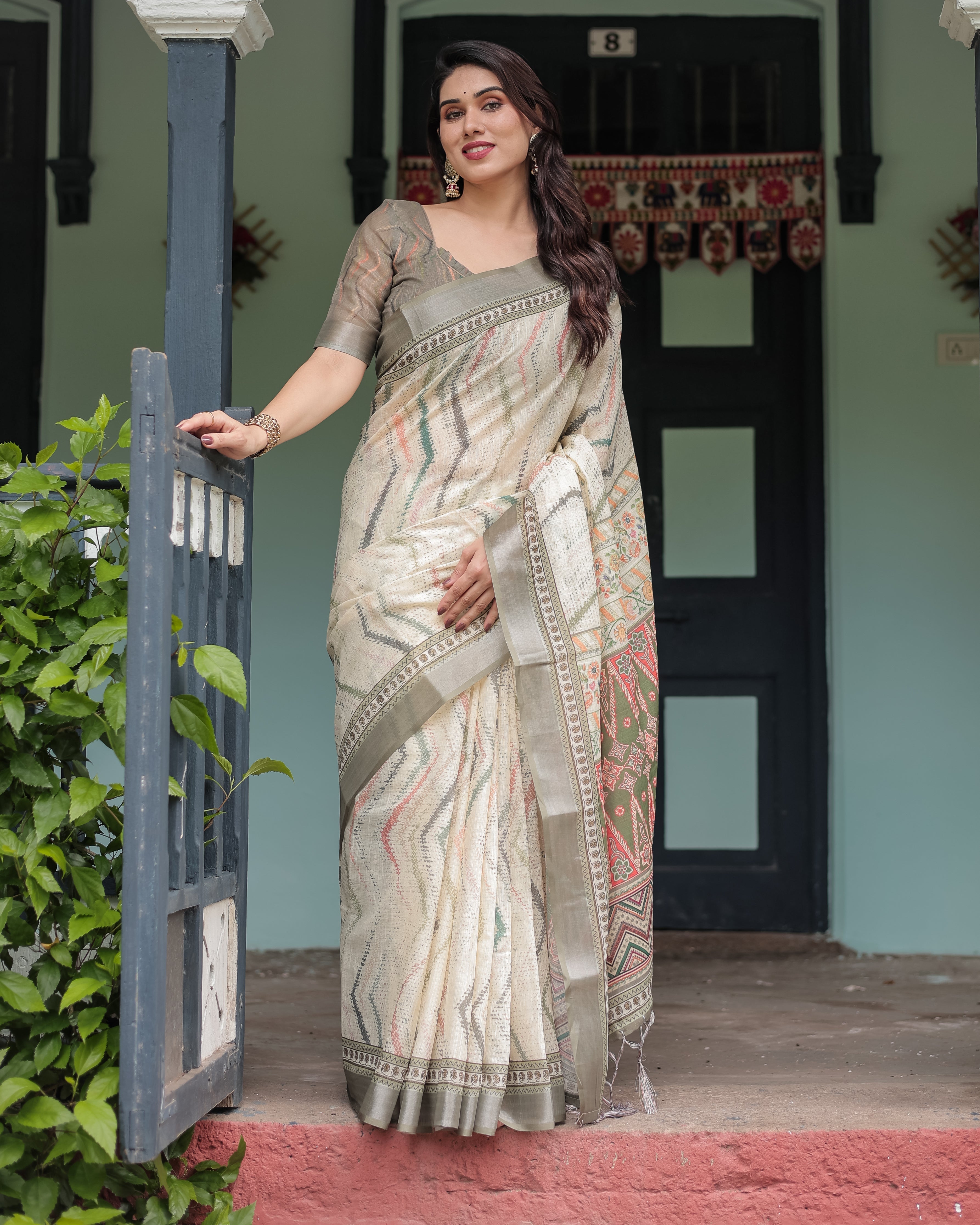 Cream and Olive Green Pure Cotton Linen Saree with Floral and Geometric Print and Tassels on Edges LINEN