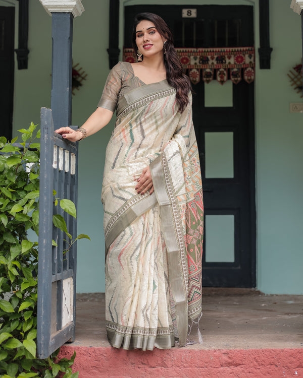 Cream and Olive Green Pure Cotton Linen Saree with Floral and Geometric Print and Tassels on Edges LINEN