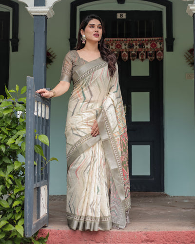 Cream and Olive Green Pure Cotton Linen Saree with Floral and Geometric Print and Tassels on Edges LINEN