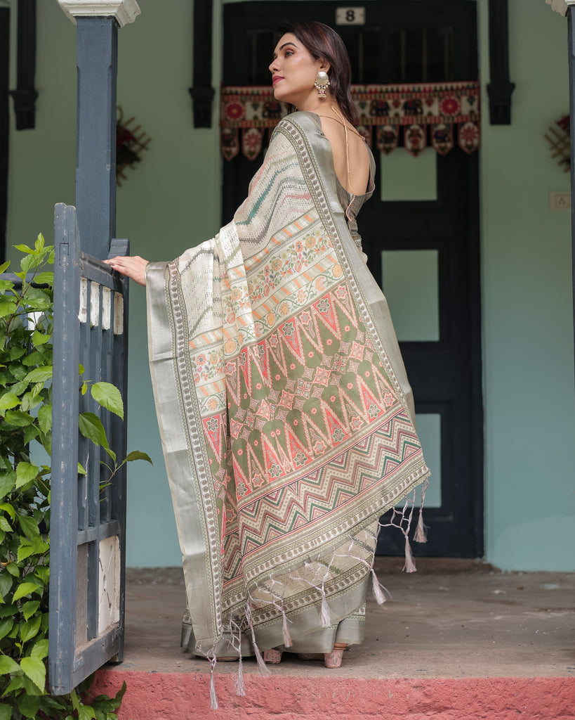 Cream and Olive Green Pure Cotton Linen Saree with Floral and Geometric Print and Tassels on Edges LINEN
