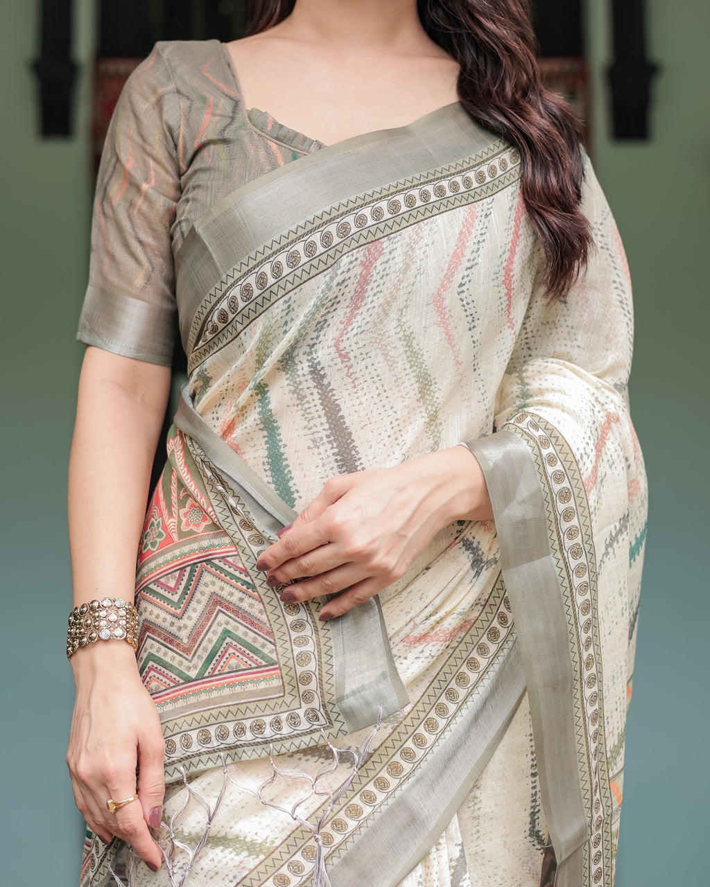Cream and Olive Green Pure Cotton Linen Saree with Floral and Geometric Print and Tassels on Edges LINEN
