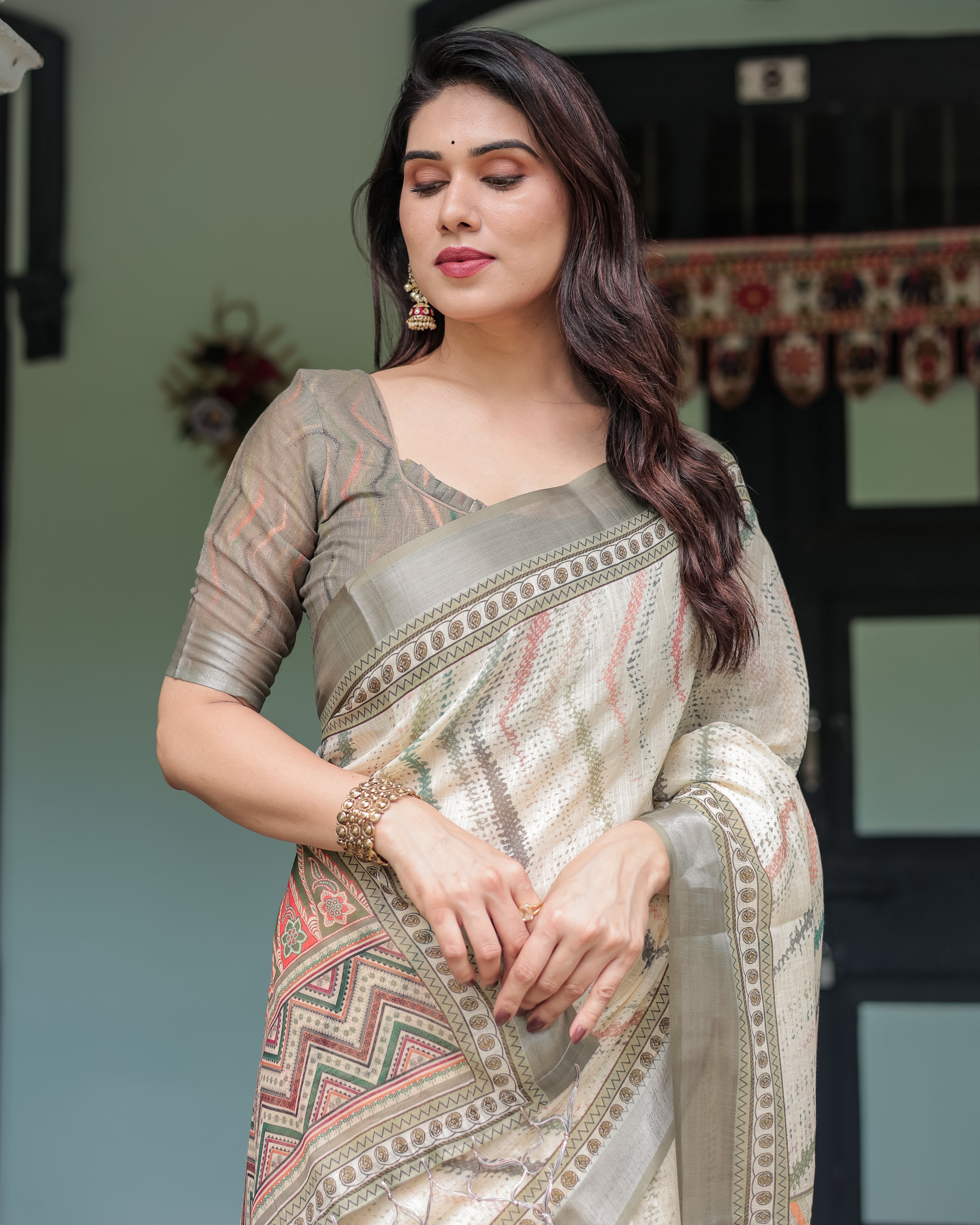 Cream and Olive Green Pure Cotton Linen Saree with Floral and Geometric Print and Tassels on Edges LINEN
