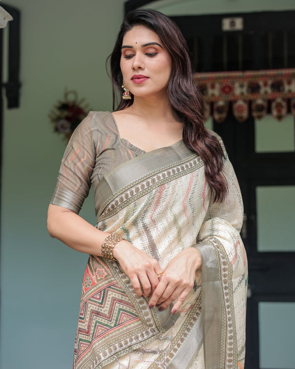 Cream and Olive Green Pure Cotton Linen Saree with Floral and Geometric Print and Tassels on Edges LINEN