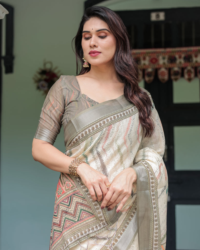 Cream and Olive Green Pure Cotton Linen Saree with Floral and Geometric Print and Tassels on Edges LINEN