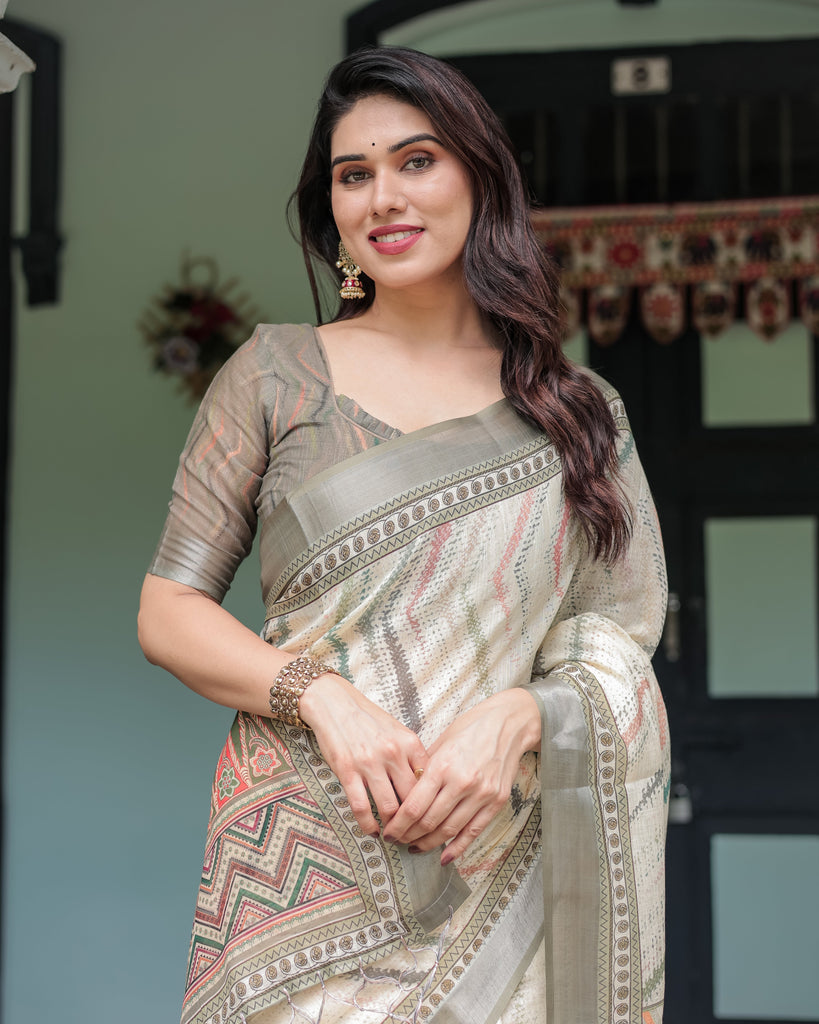Cream and Olive Green Pure Cotton Linen Saree with Floral and Geometric Print and Tassels on Edges LINEN