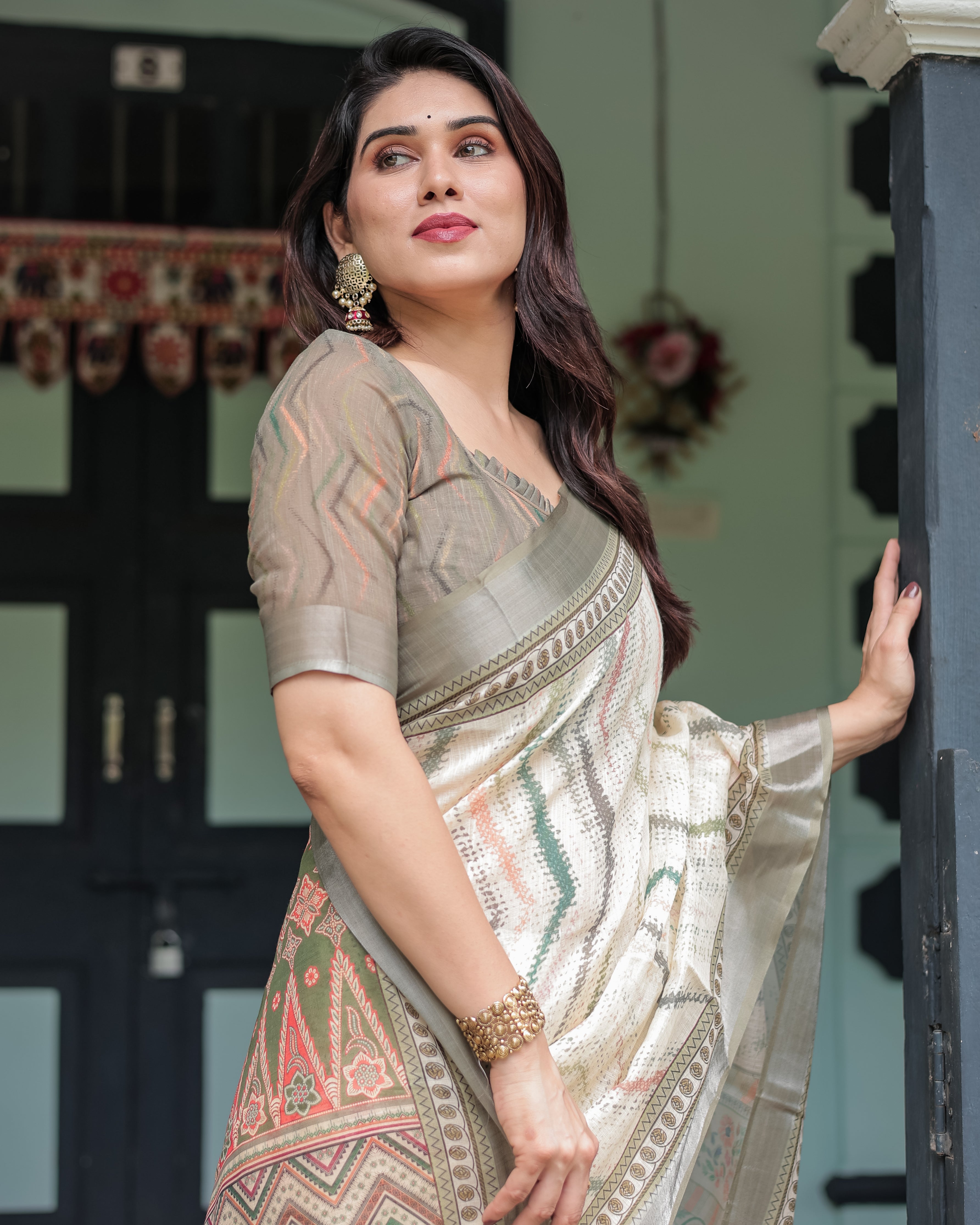 Cream and Olive Green Pure Cotton Linen Saree with Floral and Geometric Print and Tassels on Edges LINEN