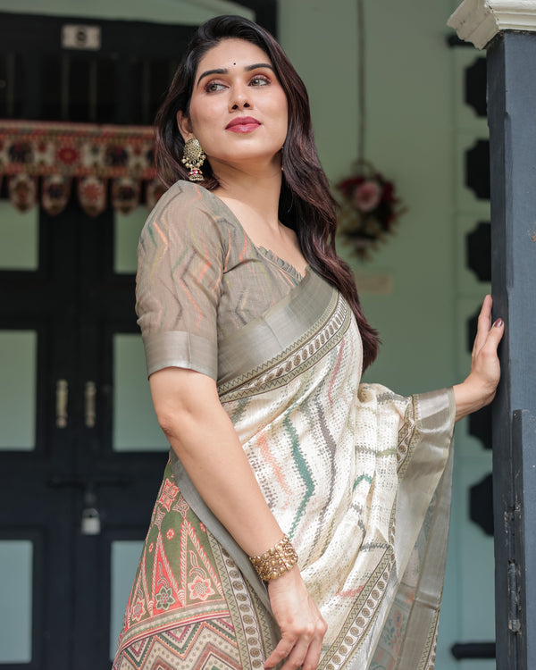 Cream and Olive Green Pure Cotton Linen Saree with Floral and Geometric Print and Tassels on Edges LINEN
