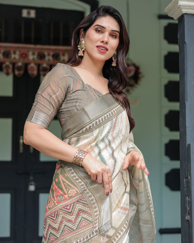 Cream and Olive Green Pure Cotton Linen Saree with Floral and Geometric Print and Tassels on Edges LINEN