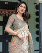 Load image into Gallery viewer, Cream and Olive Green Pure Cotton Linen Saree with Floral and Geometric Print and Tassels on Edges LINEN