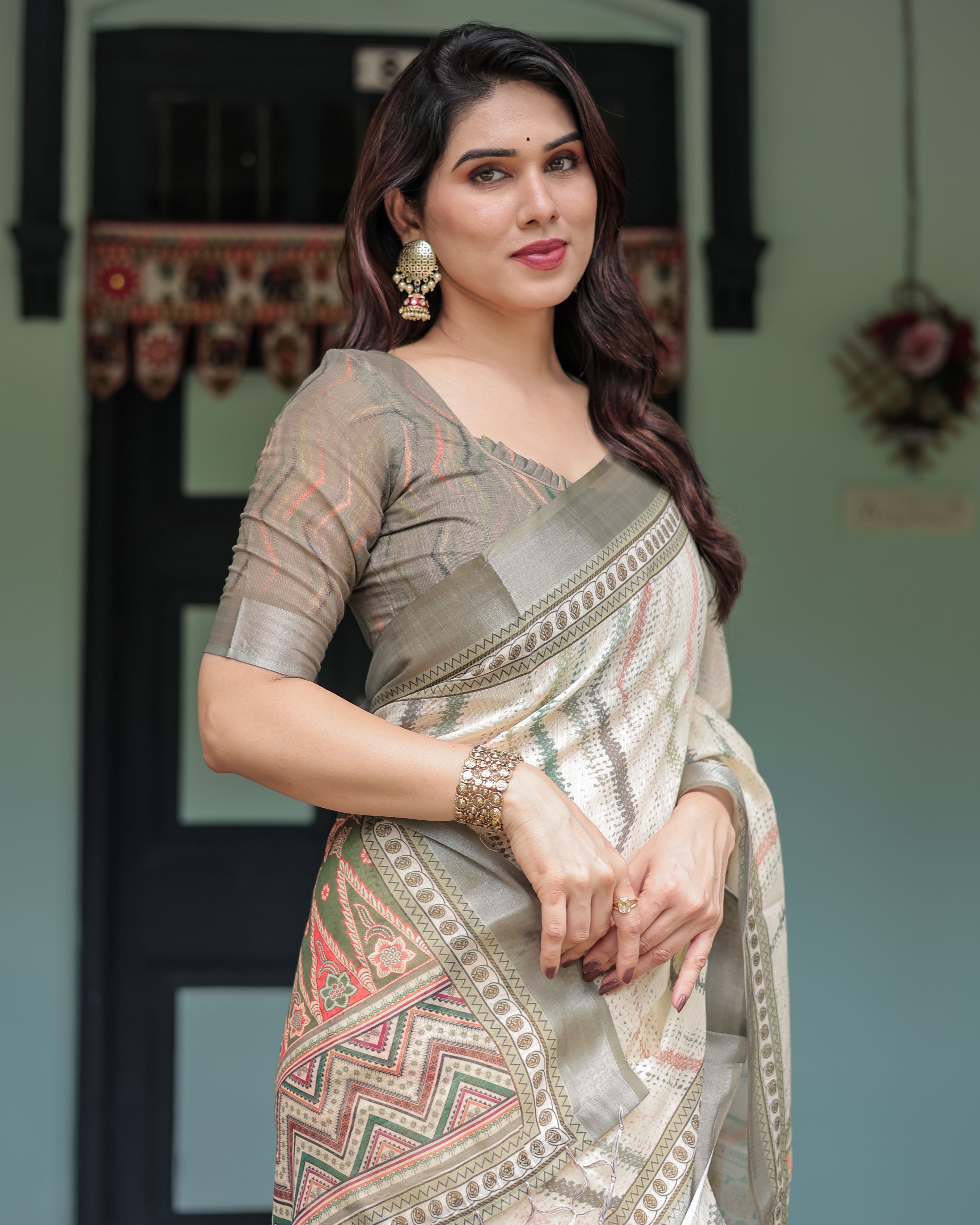 Cream and Olive Green Pure Cotton Linen Saree with Floral and Geometric Print and Tassels on Edges LINEN