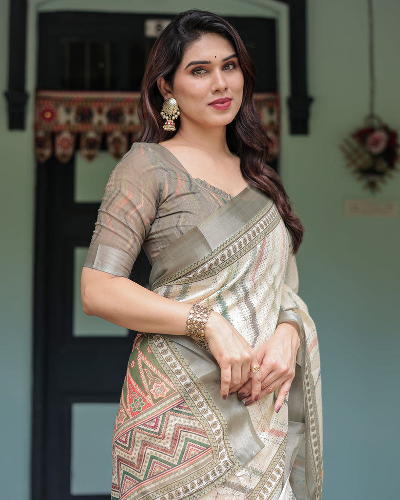 Cream and Olive Green Pure Cotton Linen Saree with Floral and Geometric Print and Tassels on Edges LINEN