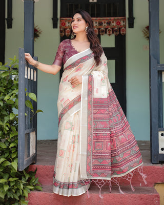 Off-white Pure Cotton Linen Saree with Intricate Geometric Pattern and Tassels on Edges LINEN