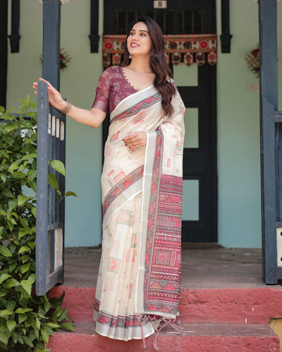 Off-white Pure Cotton Linen Saree with Intricate Geometric Pattern and Tassels on Edges LINEN