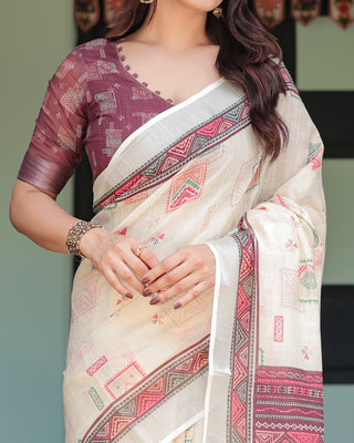 Off-white Pure Cotton Linen Saree with Intricate Geometric Pattern and Tassels on Edges LINEN