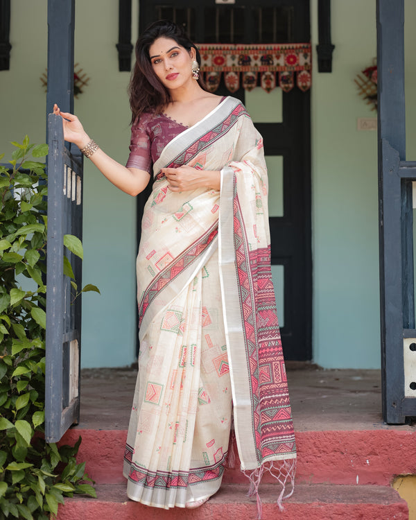 Off-white Pure Cotton Linen Saree with Intricate Geometric Pattern and Tassels on Edges LINEN