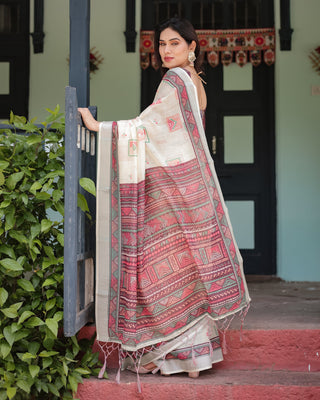 Off-white Pure Cotton Linen Saree with Intricate Geometric Pattern and Tassels on Edges LINEN