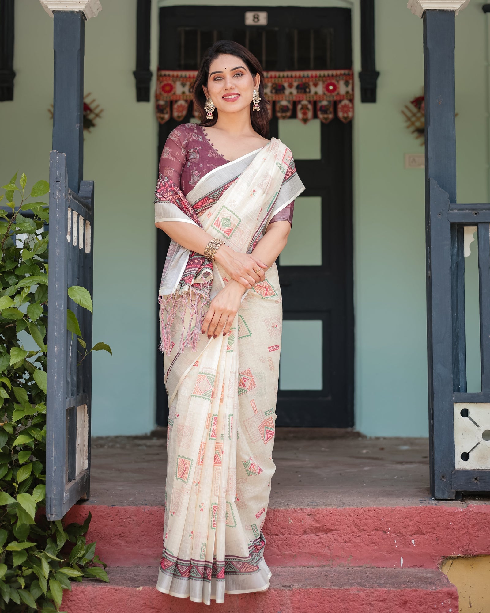 Off-white Pure Cotton Linen Saree with Intricate Geometric Pattern and Tassels on Edges LINEN