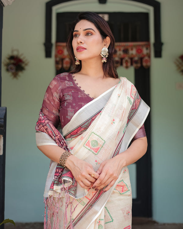 Off-white Pure Cotton Linen Saree with Intricate Geometric Pattern and Tassels on Edges LINEN
