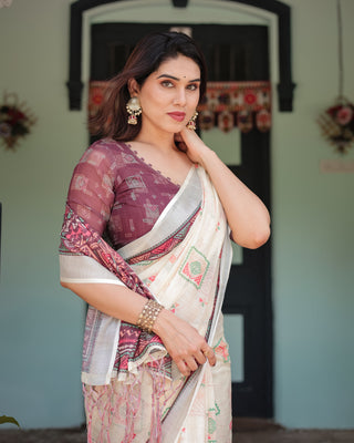 Off-white Pure Cotton Linen Saree with Intricate Geometric Pattern and Tassels on Edges LINEN