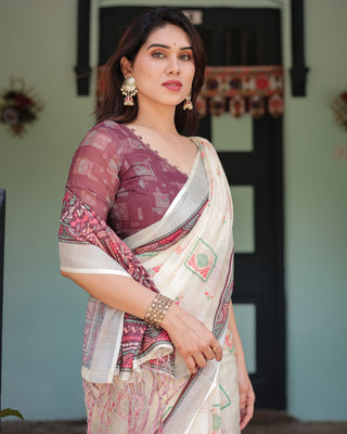 Off-white Pure Cotton Linen Saree with Intricate Geometric Pattern and Tassels on Edges LINEN