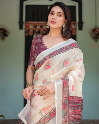 Off-white Pure Cotton Linen Saree with Intricate Geometric Pattern and Tassels on Edges LINEN