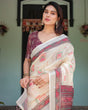 Load image into Gallery viewer, Off-white Pure Cotton Linen Saree with Intricate Geometric Pattern and Tassels on Edges LINEN
