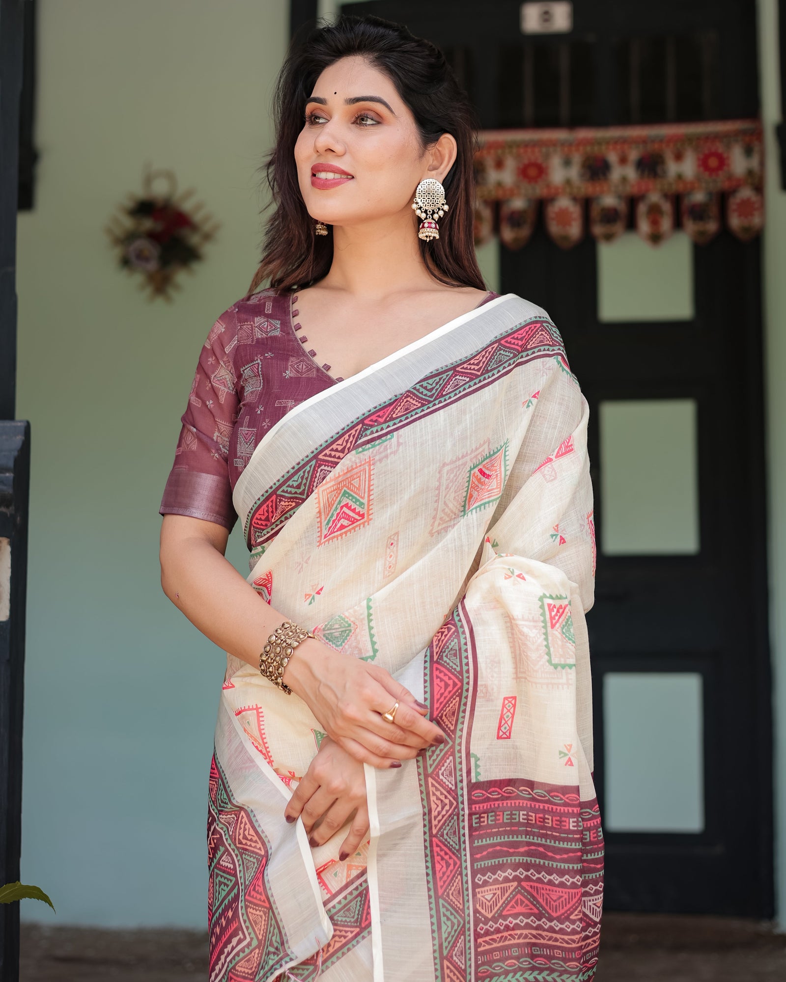 Off-white Pure Cotton Linen Saree with Intricate Geometric Pattern and Tassels on Edges LINEN