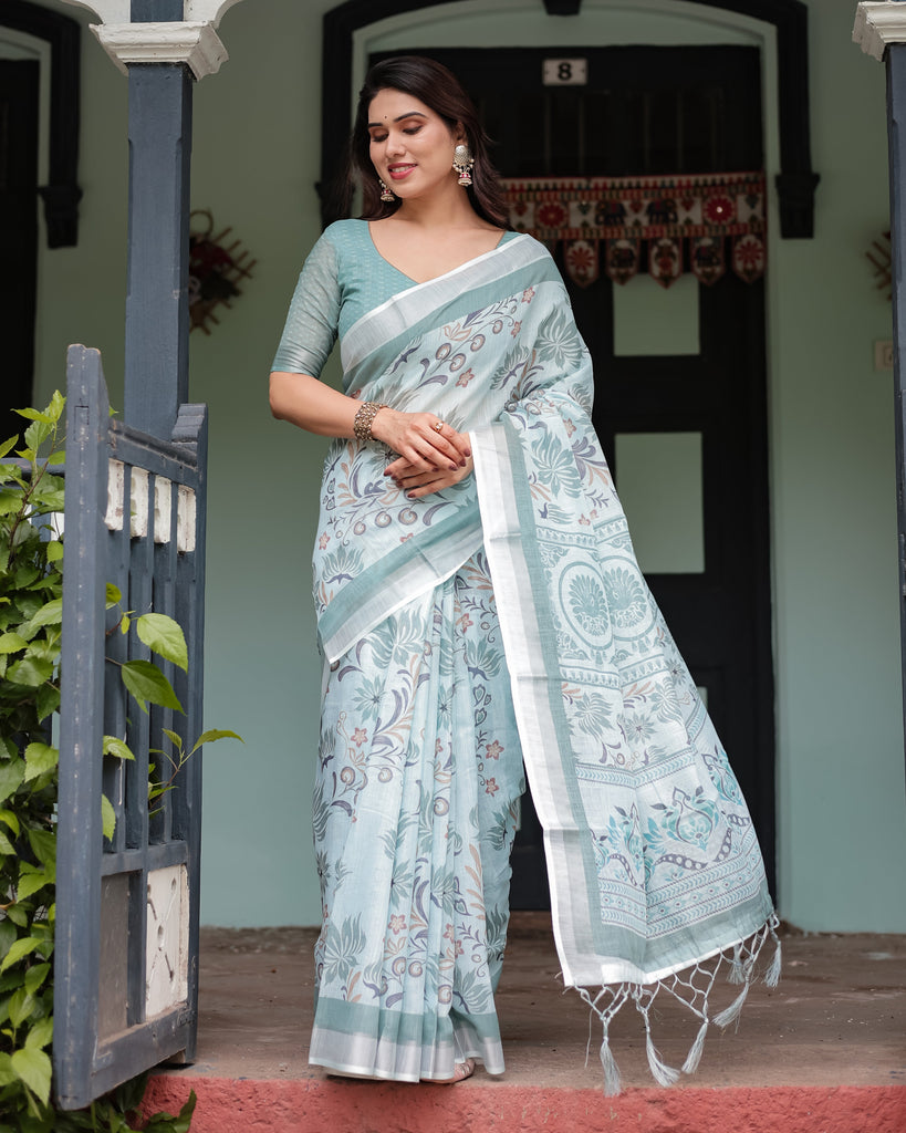 Mint Green Floral Pure Cotton Linen Saree with Blouse and Tassels LINEN