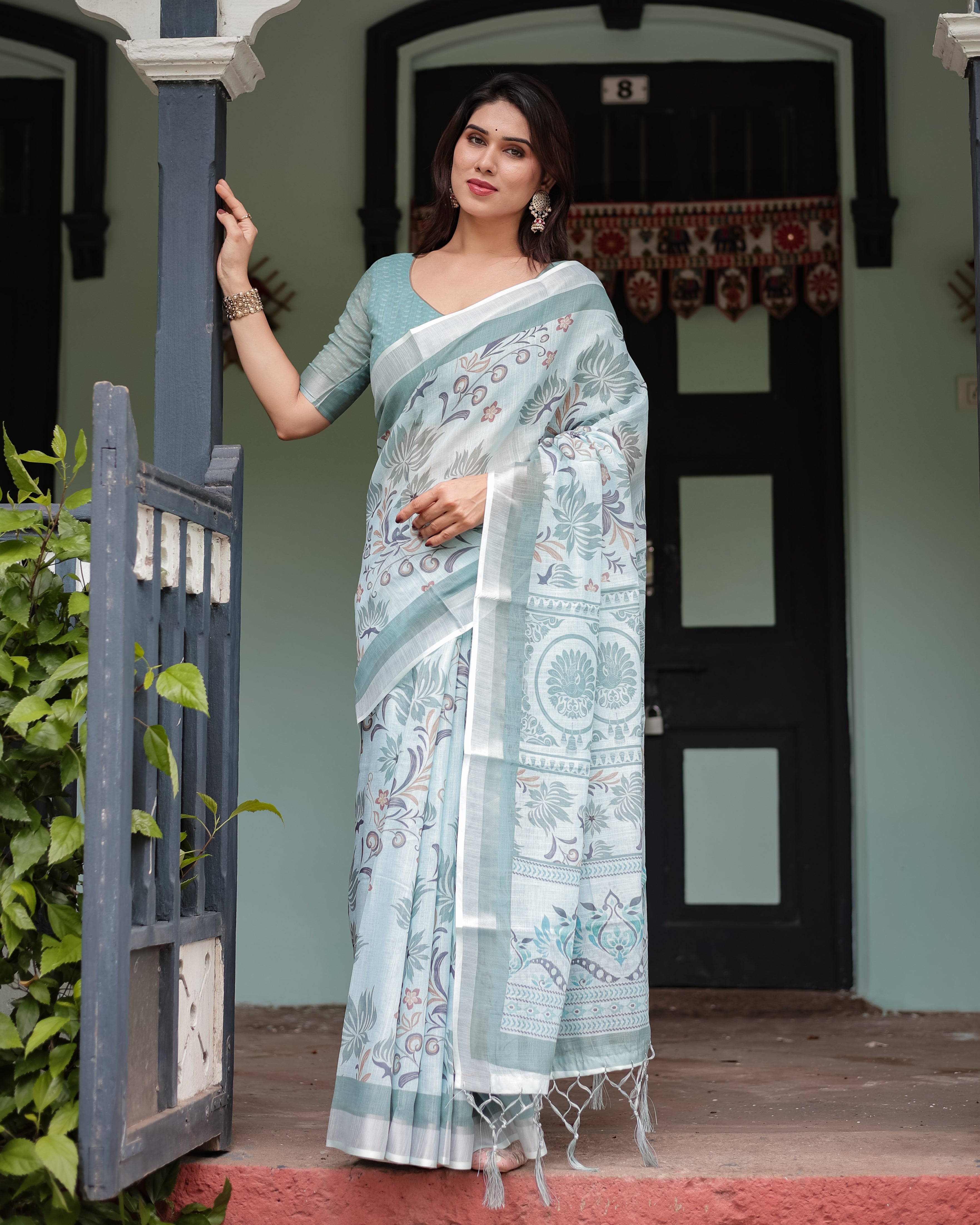 Mint Green Floral Pure Cotton Linen Saree with Blouse and Tassels Secondary image