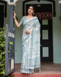 Load image into Gallery viewer, Mint Green Floral Pure Cotton Linen Saree with Blouse and Tassels LINEN