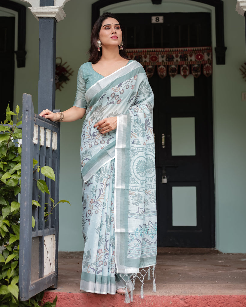 Mint Green Floral Pure Cotton Linen Saree with Blouse and Tassels LINEN