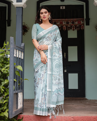 Mint Green Floral Pure Cotton Linen Saree with Blouse and Tassels LINEN