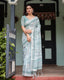 Mint Green Floral Pure Cotton Linen Saree with Blouse and Tassels LINEN