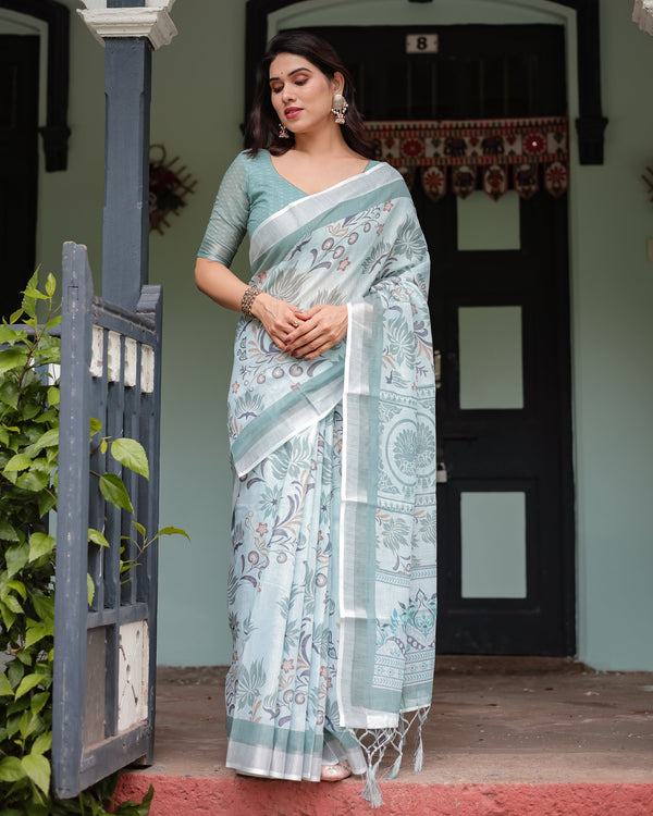 Mint Green Floral Pure Cotton Linen Saree with Blouse and Tassels LINEN