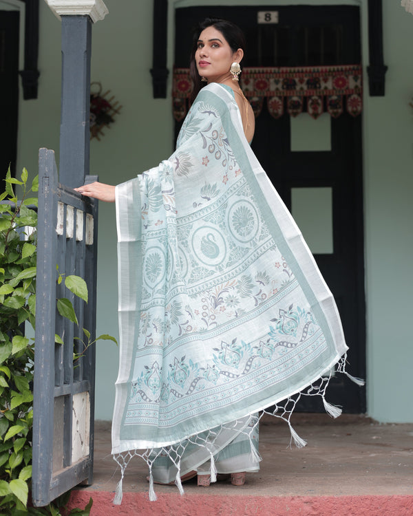 Mint Green Floral Pure Cotton Linen Saree with Blouse and Tassels LINEN